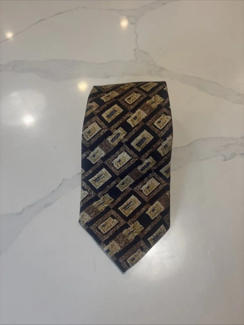 Vintage Papillon Luciano Soprani Italy Silk Tie Geometric Brown Blue Necktie